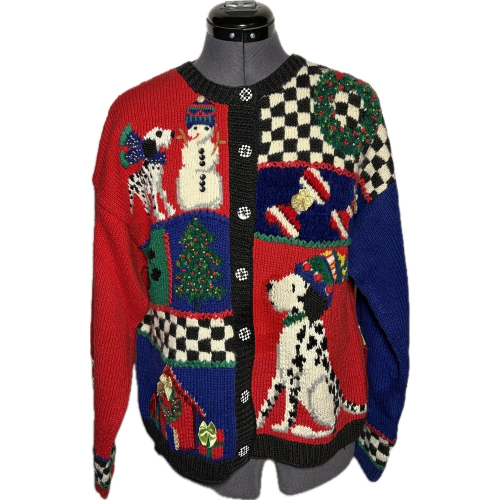 Vtg 90s‎ Dog Christmas Sweater Marisa Christina Dalmation Cardigan Knit B41" L
